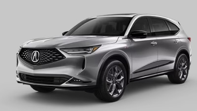 Vue avant 3/4 d’un Acura MDX gris sur fond blanc.