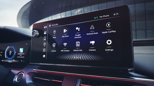 Closeup of centre touchscreen in a ZDX on its home screen.   