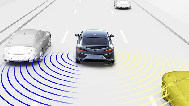 Illustration of rear exterior of Integra depicting AcuraWatch functions/ Vue extérieure arrière de l’Integra montrant les fonctions AcuraWatch