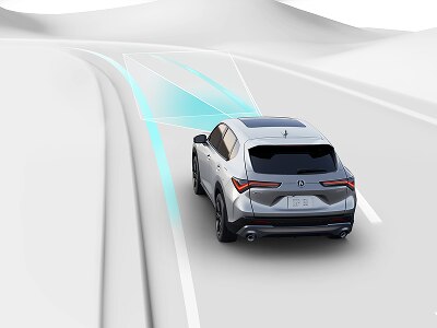Graphic depiction of vehicle on the road with blue beams emanating from the front of the vehicle. 