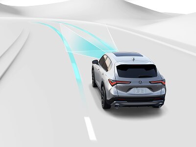 Rear-view depiction of vehicle with animated blue beams emenating from the front of the vehicle. 
