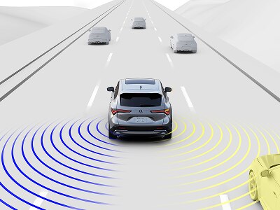 Rear-view image of vehicle on the road with purple and yellow rays emnating from the back of the vehicle indiating blind spots. 