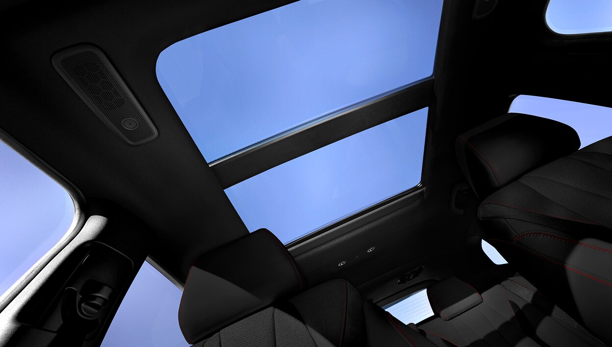 Close-up interior shot looking out of a panaromic moonroof. 