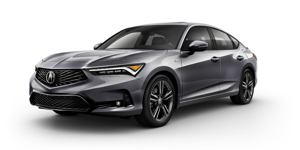 Plan de trois quarts avant du côté conducteur d’une Integra A-SPEC grise sur fond blanc.