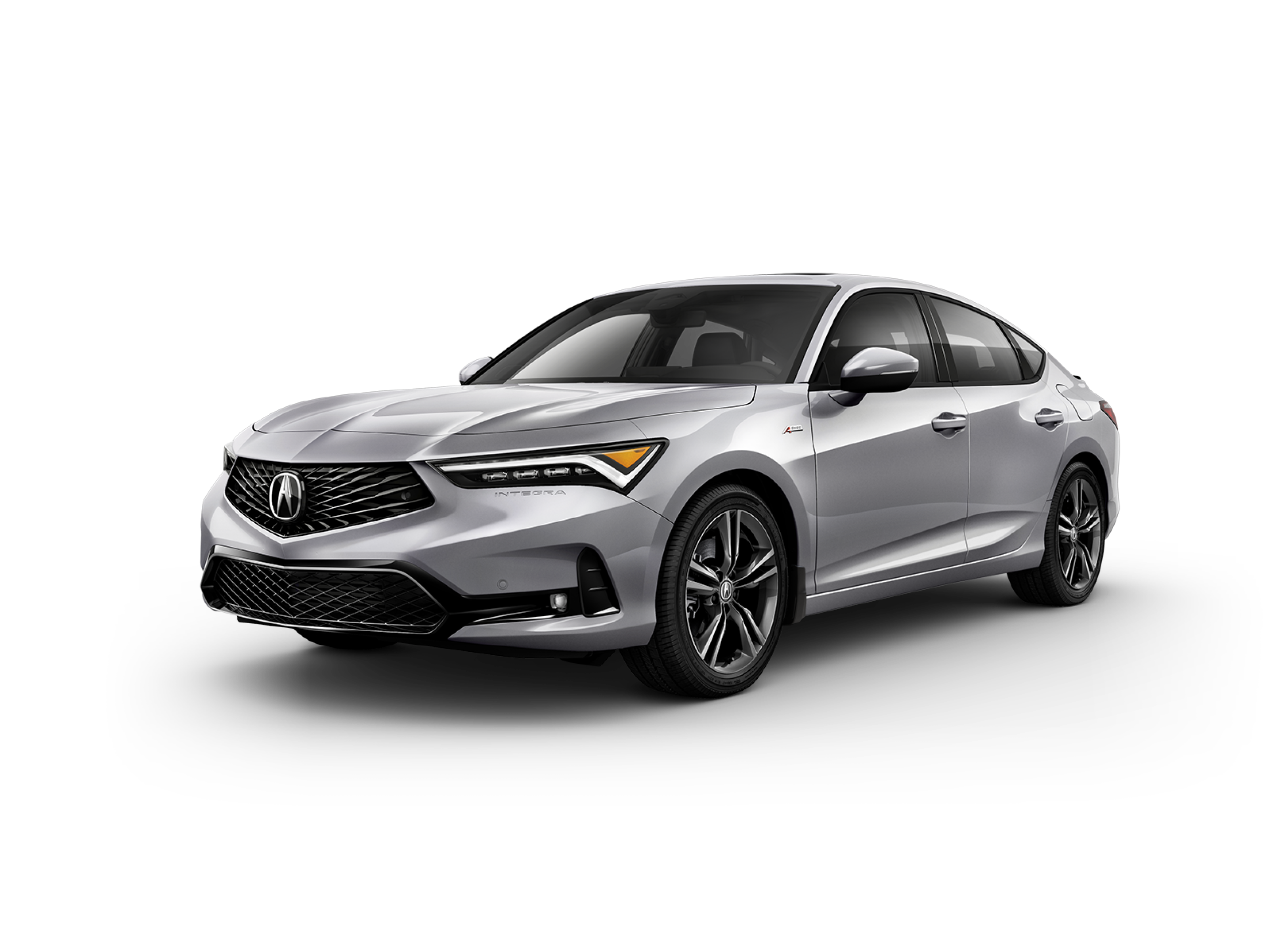 Vue ¾ avant côté conducteur du modèle Integra Elite A-SPEC MT 2025 en argent lunaire métallisé