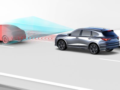Digital rendering, where everything is white except for the MDX. 3/4 side rear view of grey MDX driving on road. Blue sensor lines and red waves emitting from the front of the MDX detect the car in front.