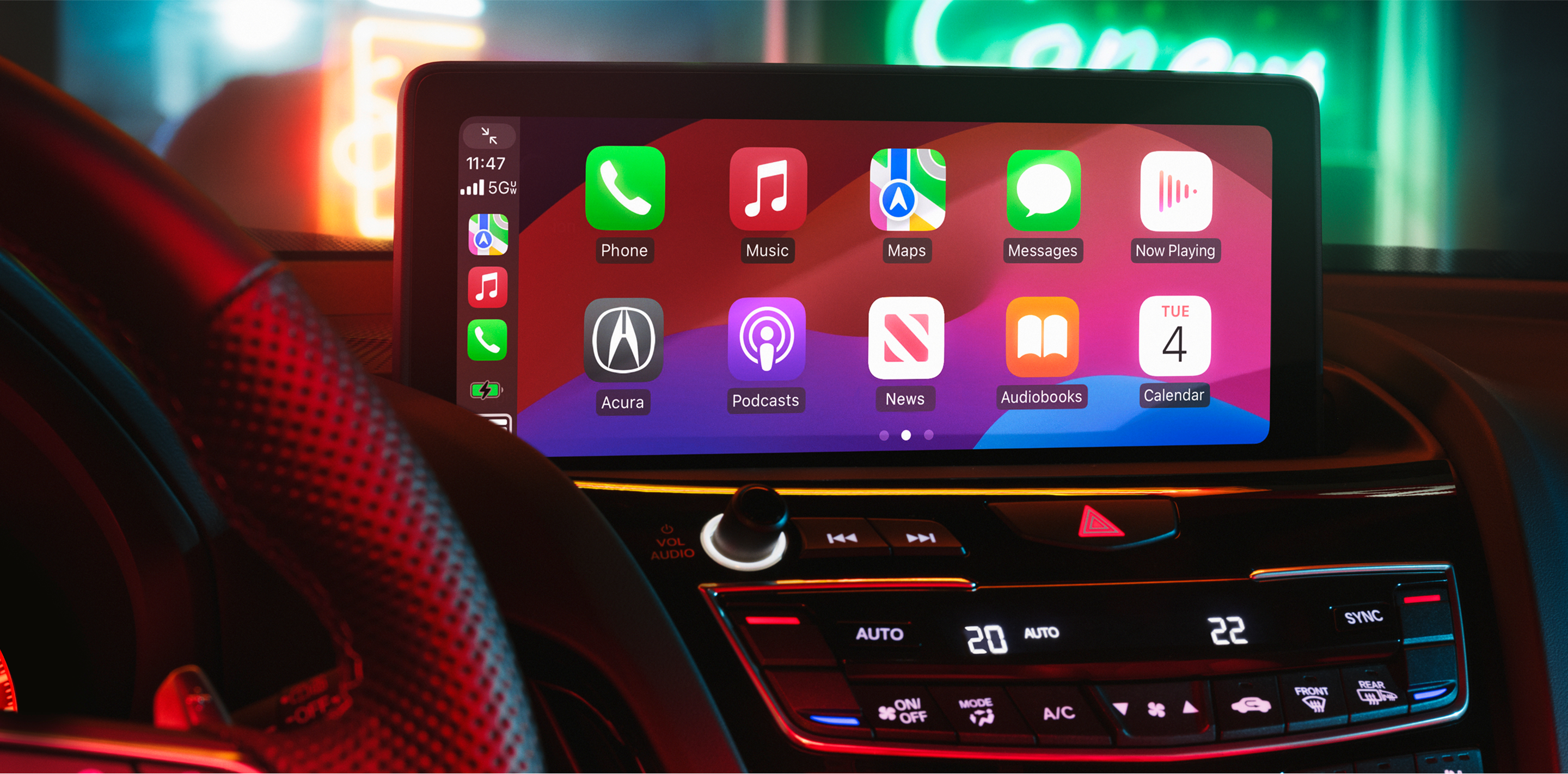 Closeup of HD centre display on its home screen.