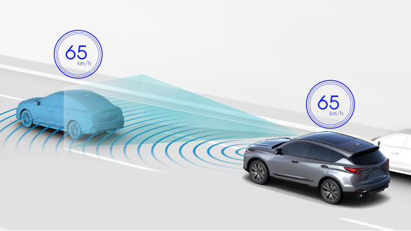 Digital rendering, where everything is white except for the RDX. 3/4 bird’s eye side rear view of grey RDX driving on road. Blue sensor lines and waves emit from the front, detecting the car in front.