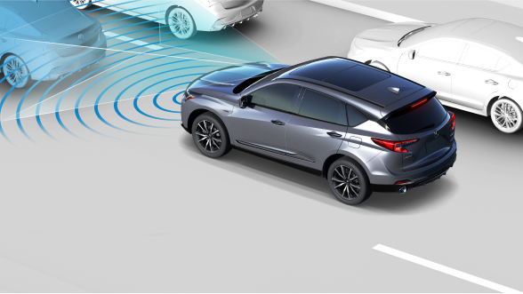 Digital rendering, where everything is white except for the RDX. 3/4 bird’s eye side rear view of grey RDX driving on road. Blue sensor lines and waves emit from the front, detecting the car in front.