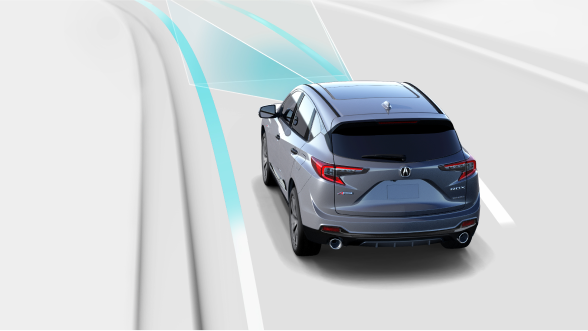 Digital rendering, where everything is white except for the RDX. Rear view of grey RDX taking a turn on a road. Blue sensor lines emit from the front, detecting the dashed lane line.