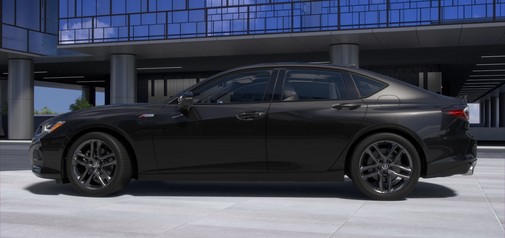 Vue de profil côté conducteur du modèle TLX 2025 noir stationnée sur un toit avec des bâtiments de verre modernes en arrière-plan où se reflètent des nuages dans les fenêtres miroirs.