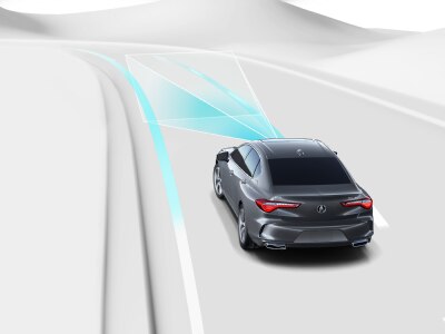 Représentation numérique, où tout est blanc sauf la TLX. Plan arrière d’une TLX grise prenant un virage sur une route. Lignes bleues projetées de l’avant qui détectent la ligne continue en bord de route.