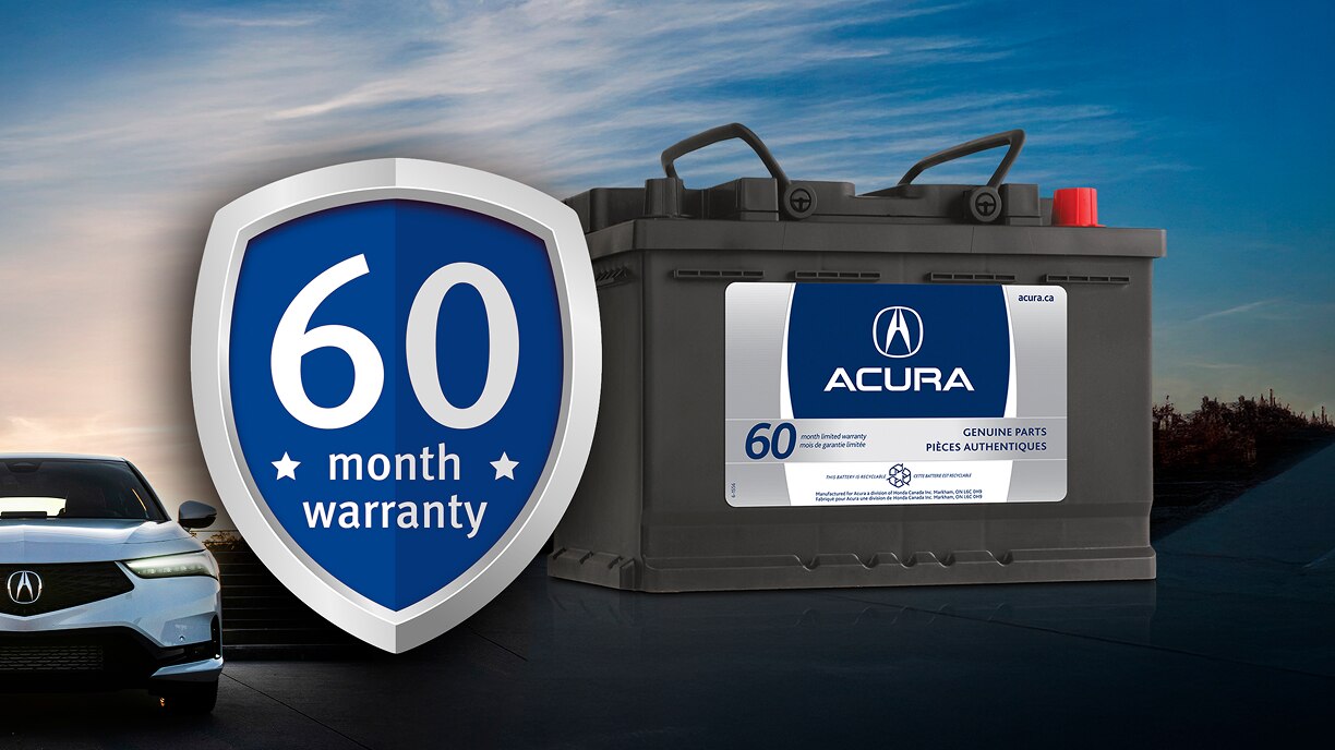 Acura battery beside a badge that reads 60-month warranty. 