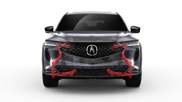Front view of an MDX highlighting the Double Wishbone through the body. // Vue de face d'un MDX mettant en évidence le Double Wishbone à travers le corps.