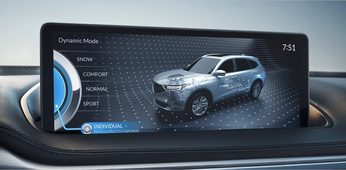 Close-up of the navigation screen in an Acura MDX displaying the different drive modes available to the driver. The mode “INDIVIDUAL” is selected and highlighted blue. 	Gros plan de l’écran de navigation d’un Acura MDX affichant les différents modes de conduite offerts au conducteur. Le mode « INDIVIDUAL » est sélectionné et mis en évidence en bleu.