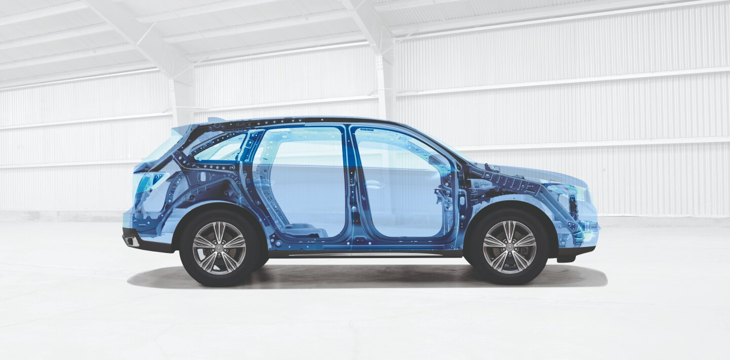 The frame of a blue Acura is shown against a white background.  